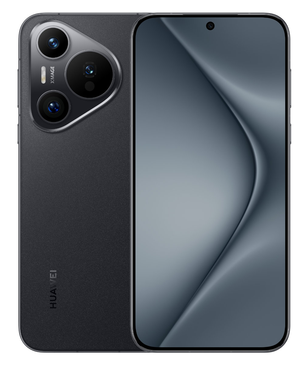 Ciemnoszary smartfon z trzema tylnymi aparatami. Ekran wyświetla gradient. Logo Huawei.