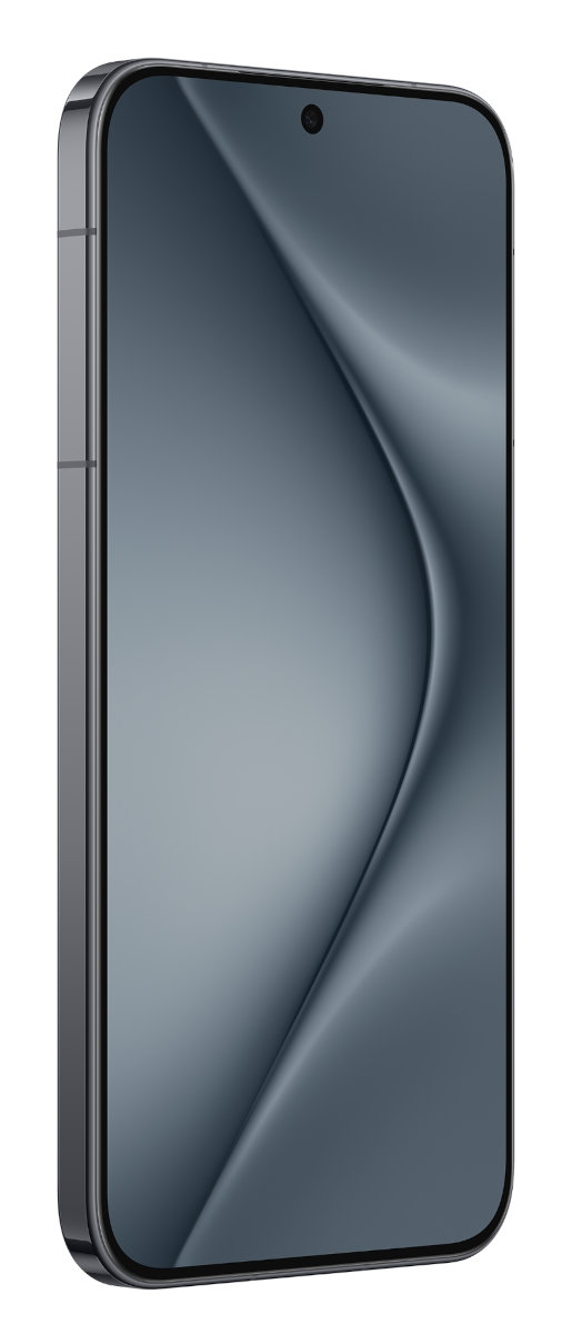 Smartfon w srebrnej ramce, ekran wyświetla falisty, szarawy wzór.