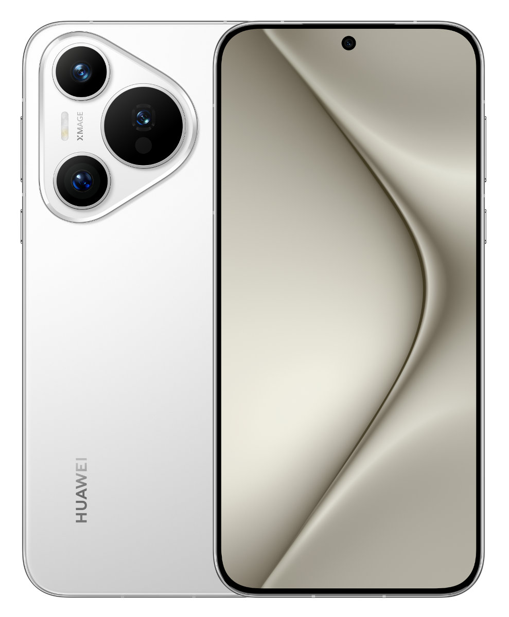 Biały smartfon z potrójnym obiektywem i logo Huawei.