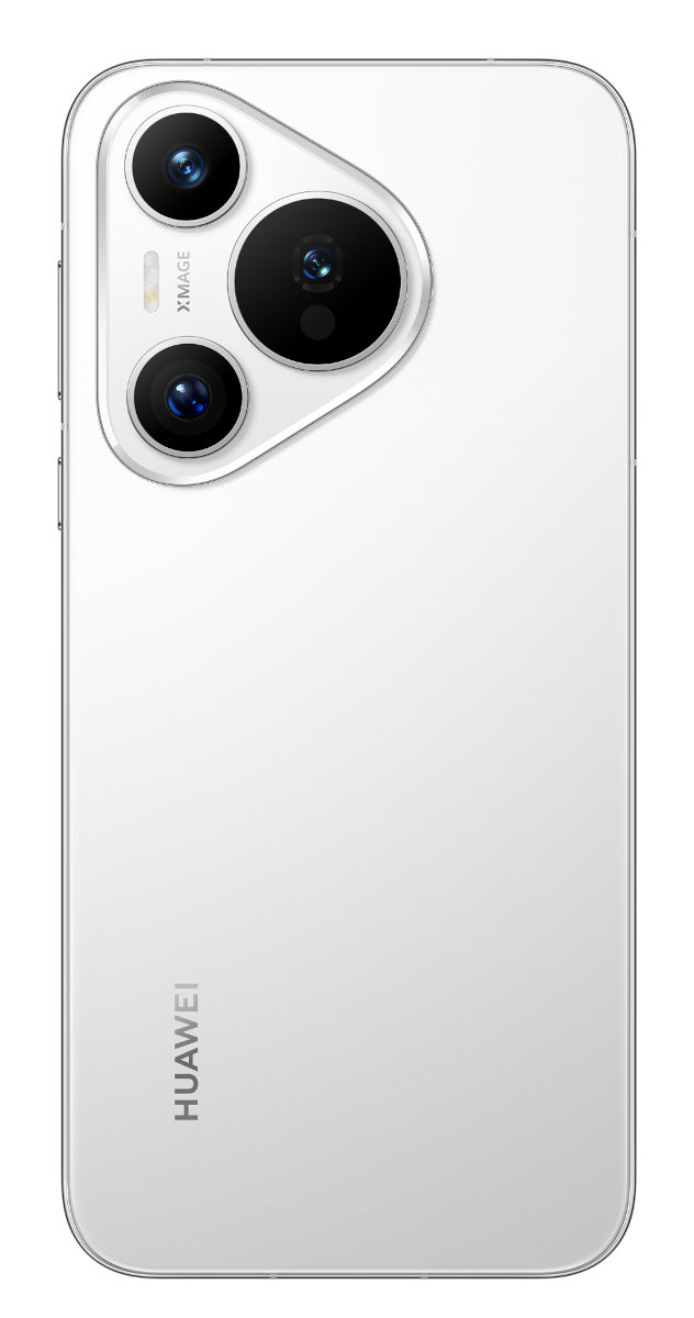 Biały tył telefonu z trzema aparatami i logo HUAWEI.