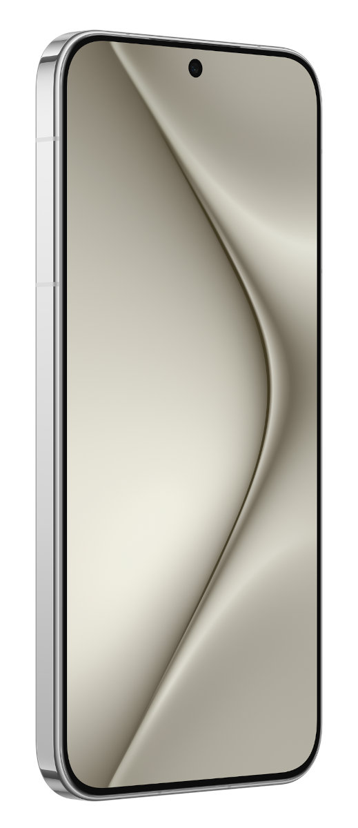 Srebrny smartfon z zakrzywionym ekranem. Widoczne jasne tło.