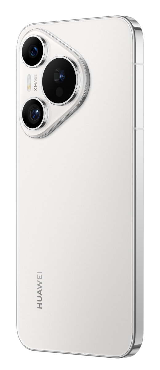 Biały smartfon z trzema tylnymi aparatami. Logo Huawei z tyłu.