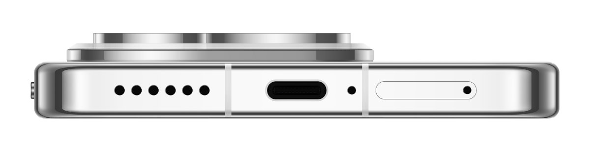 Srebrny dół telefonu z portem ładowania, mikrofonem i otworami głośnika. Elegancki i nowoczesny design. Białe tło.