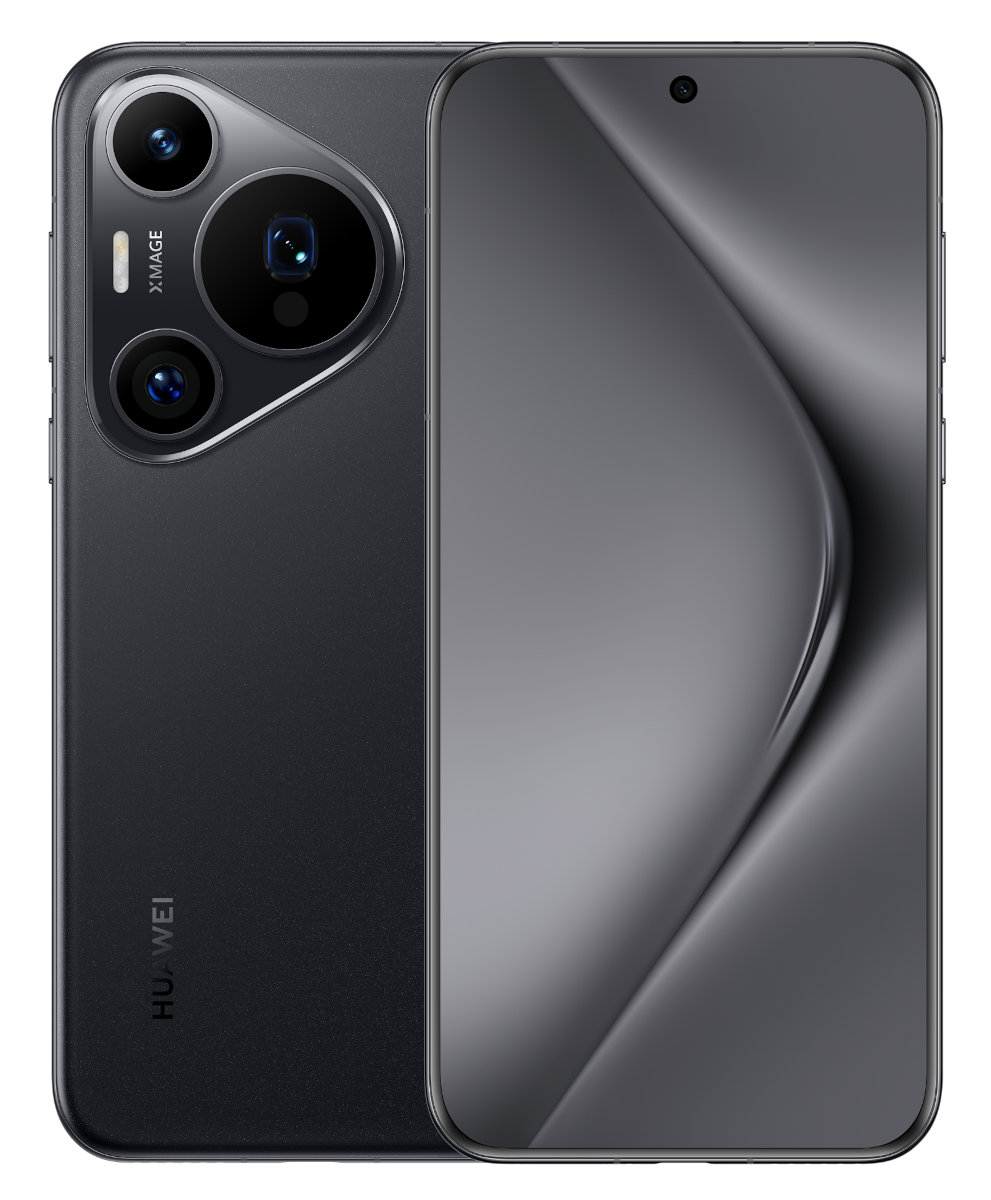Czarny smartfon, potrójny aparat, zakrzywiony ekran, logo Huawei, nowoczesny design.