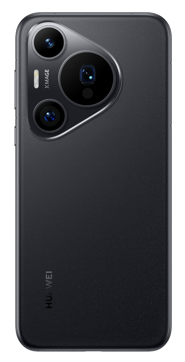 Tył czarnego smartfona z potrójnym aparatem. Logo Huawei na dole.