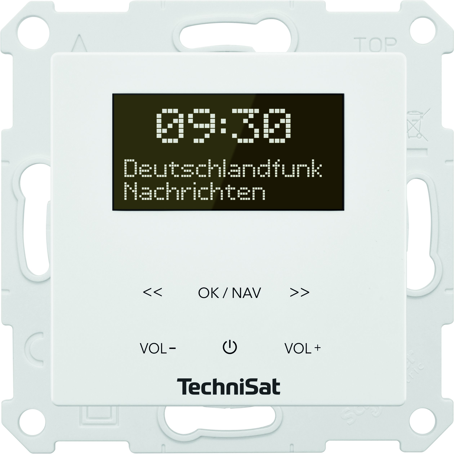 Weißes Wandgerät mit Digitalanzeige, das Zeit- und Nachrichteninformatinen anzeigt.