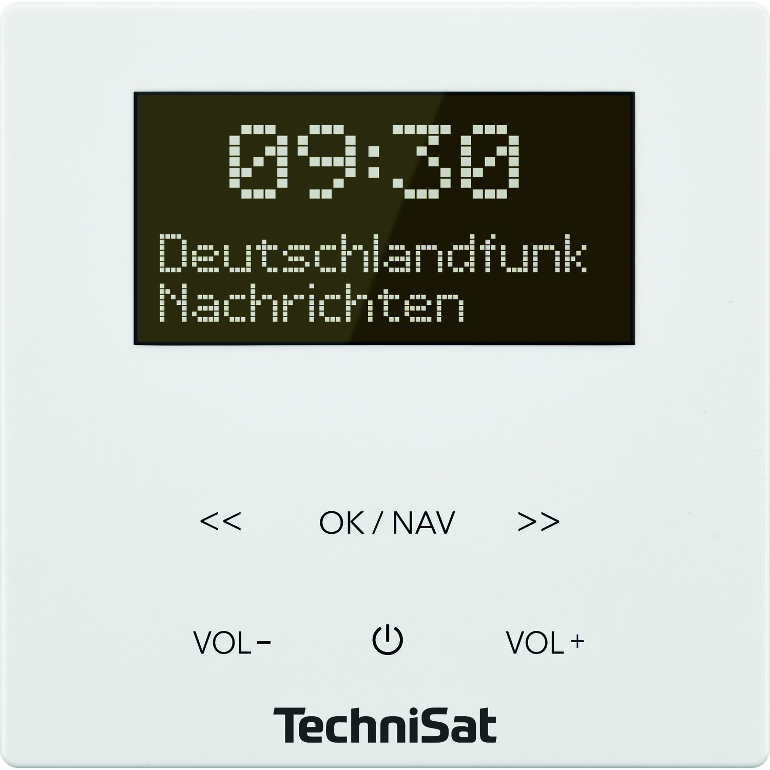 Eine weiße Digitaluhr mit 09:30 und Deutschlanfunk Nachrichten. Knöpfe darunter mit TechniSat-Logo.