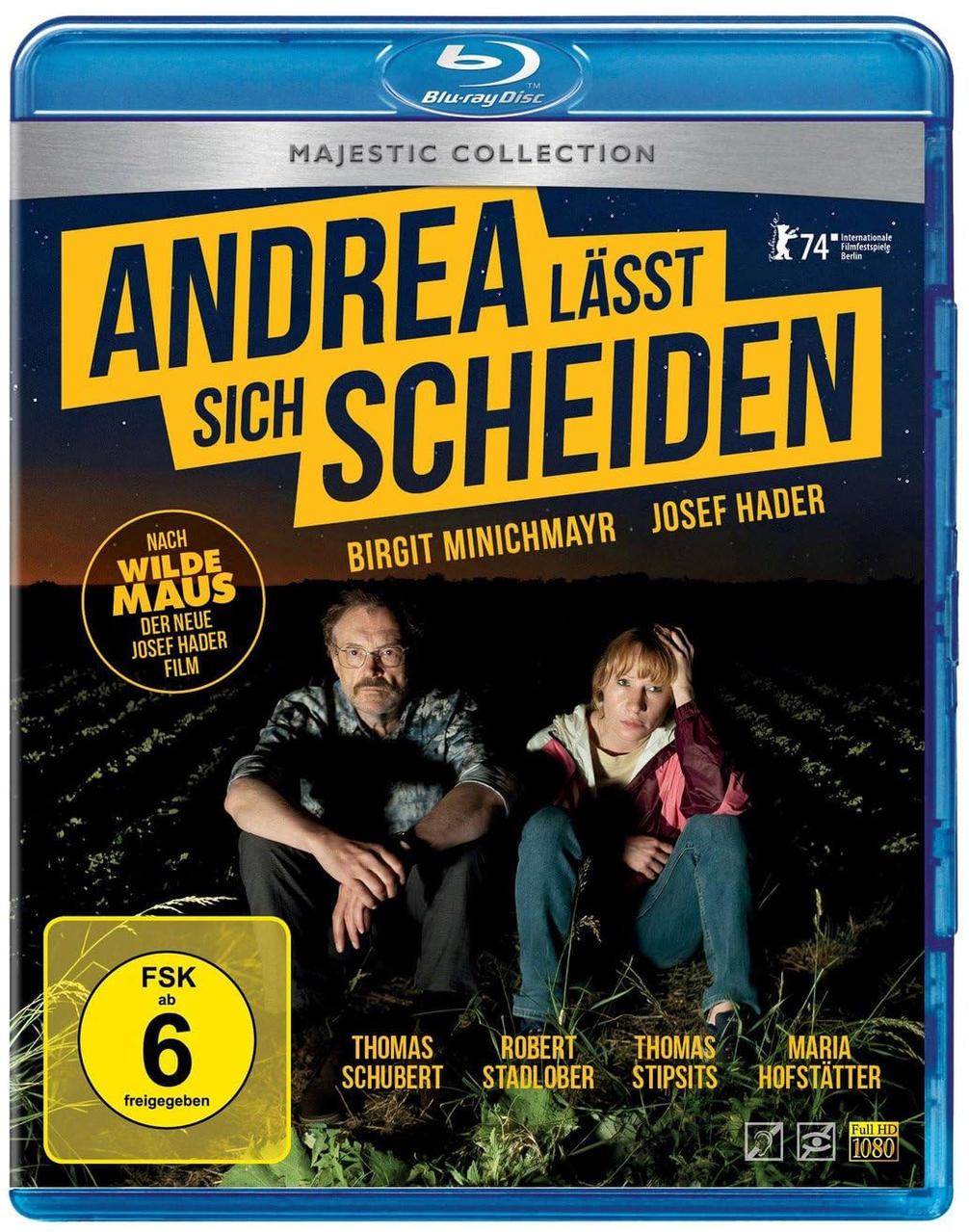 Filmcover: Zwei Personen sitzen, Titel 'Andrea Lässt Sich Scheiden', Stars Birgit Minichmayr, Josef Hader.