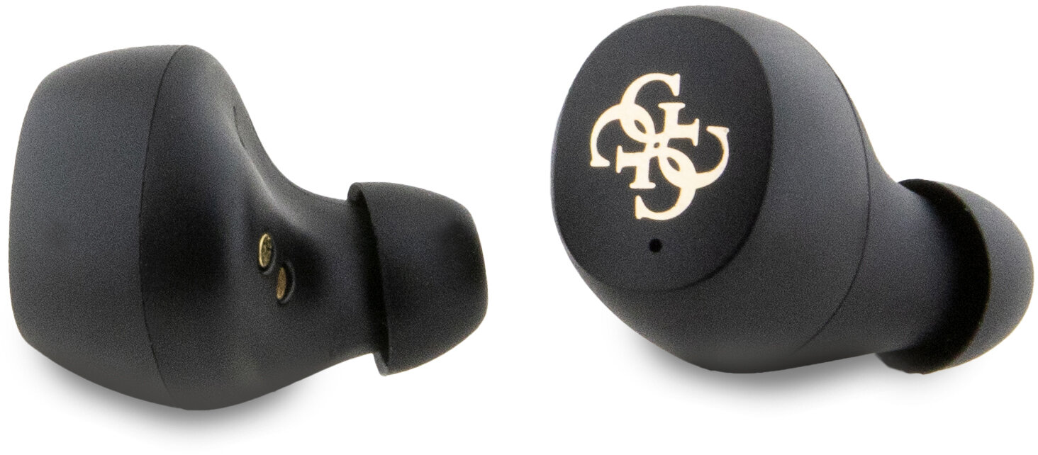 Dwa czarne bezprzewodowe słuchawki douszne. Lewy pokazuje wnętrze; prawy ma logo.