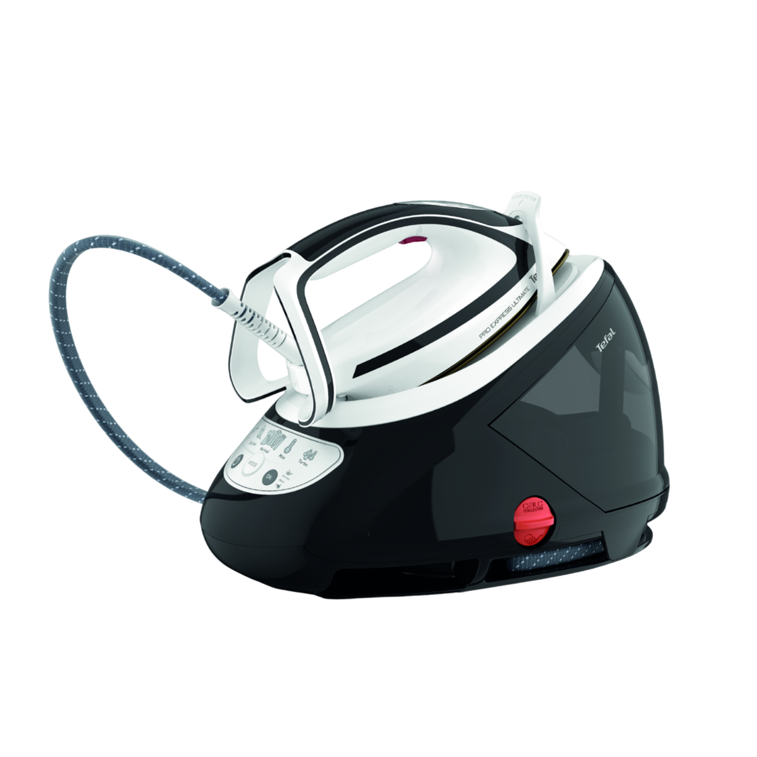 Een zwart-wit Tefal Pro Express Ultimate strijksysteem. Het heeft een zwarte basis en een wit strijkijzer.