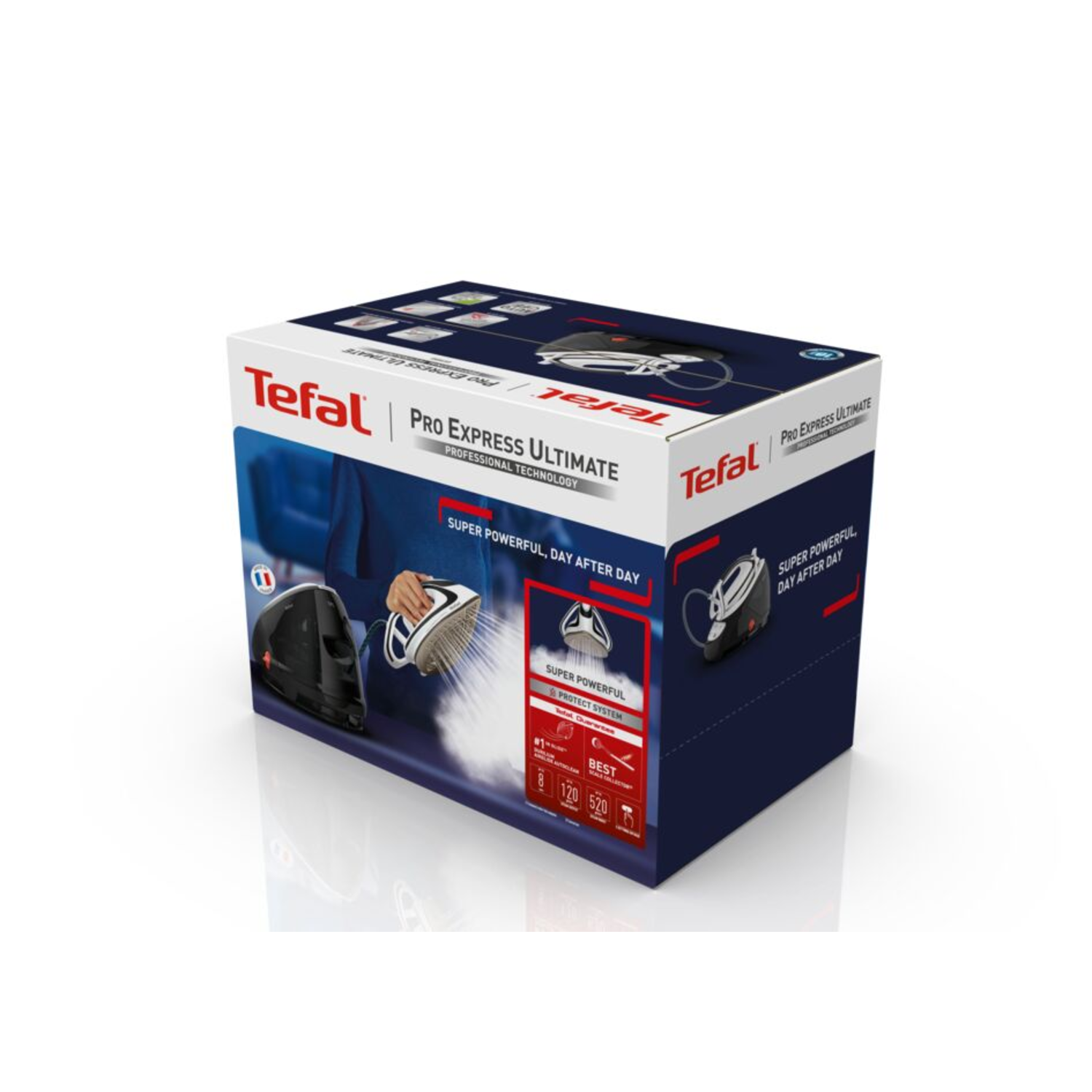 Doos voor een Tefal Pro Express Ultimate strijkijzer, met het strijkijzer en zijn functies. Wit en blauw overheersen.