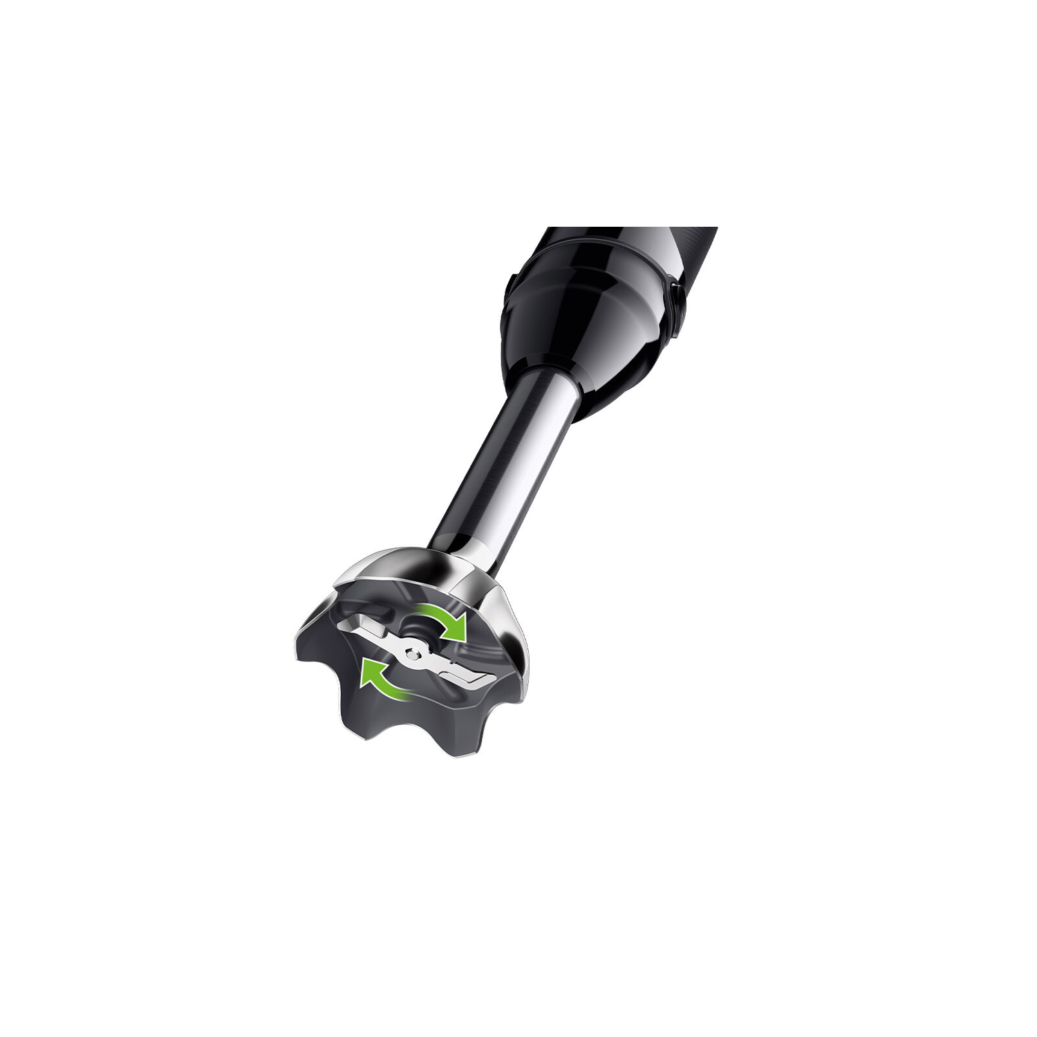 Een zwarte staafmixer met messen. De messen hebben groene pijlen.
