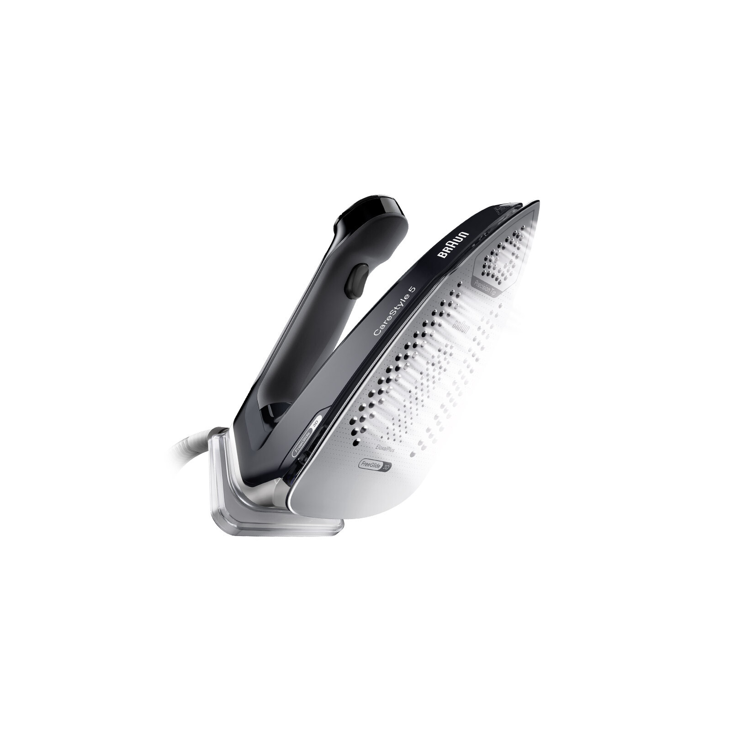 A black and silver iron on its stand. Text: Braun, CareStyle 5.