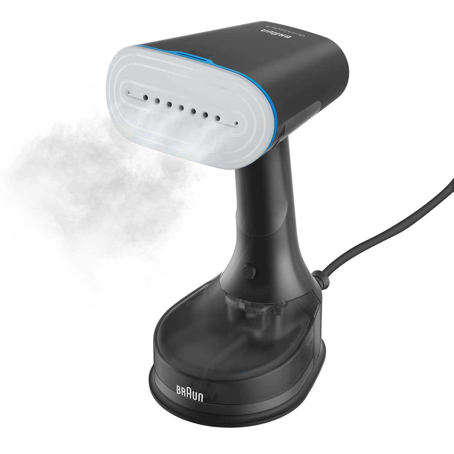 A black and grey hand steamer with steam coming out, on a white background.