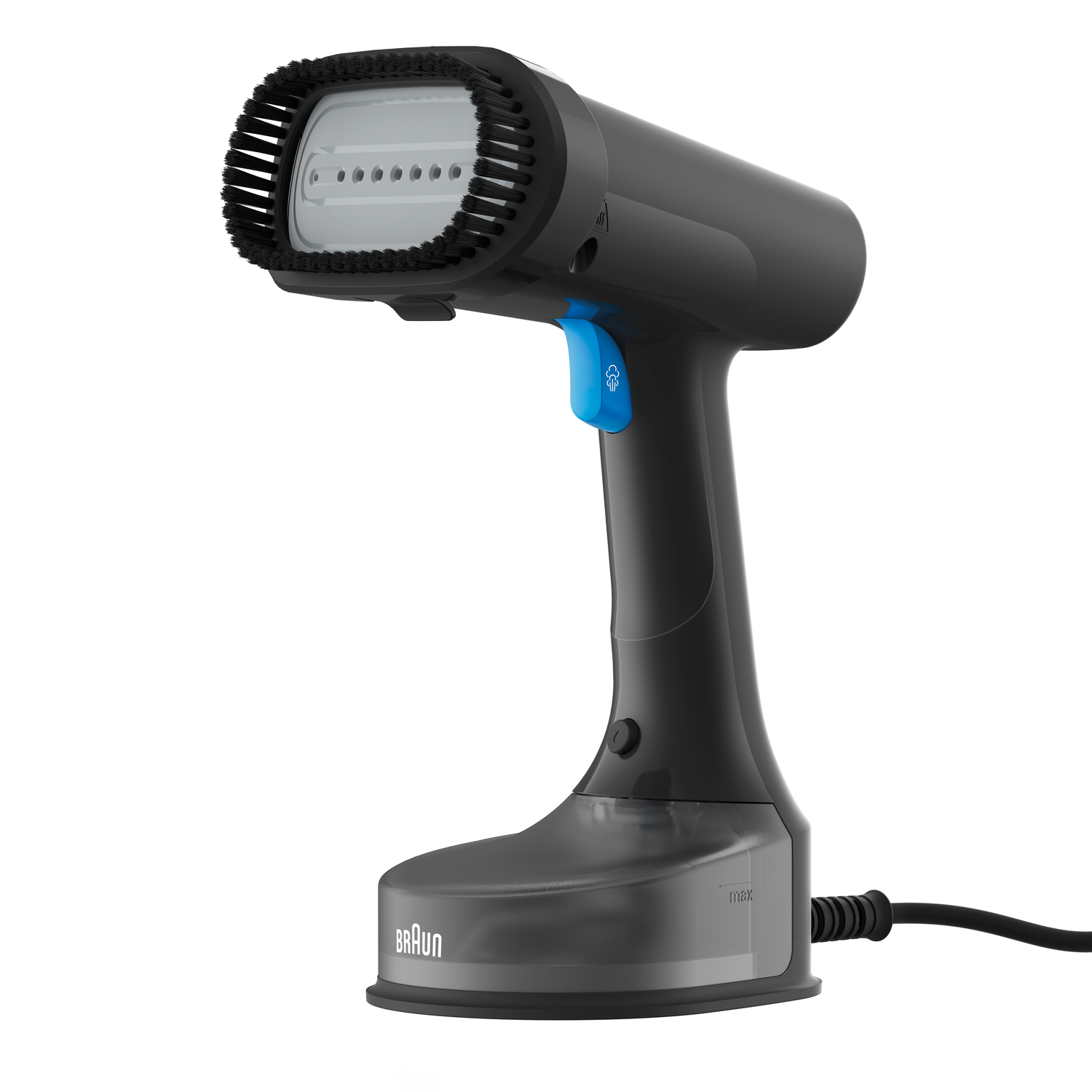 A black and blue Braun garment steamer on a white background.