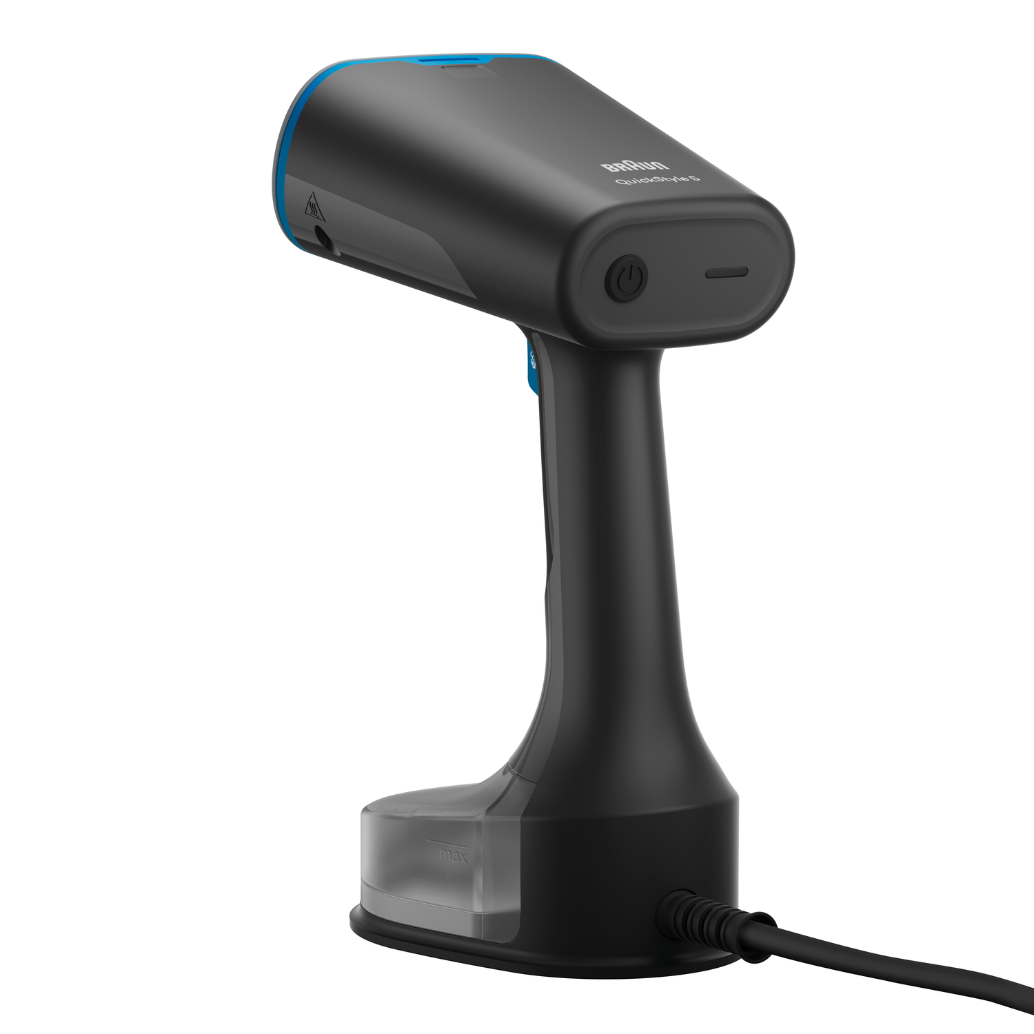 Black and blue hand-held steamer. Contains a water tank and power cord.