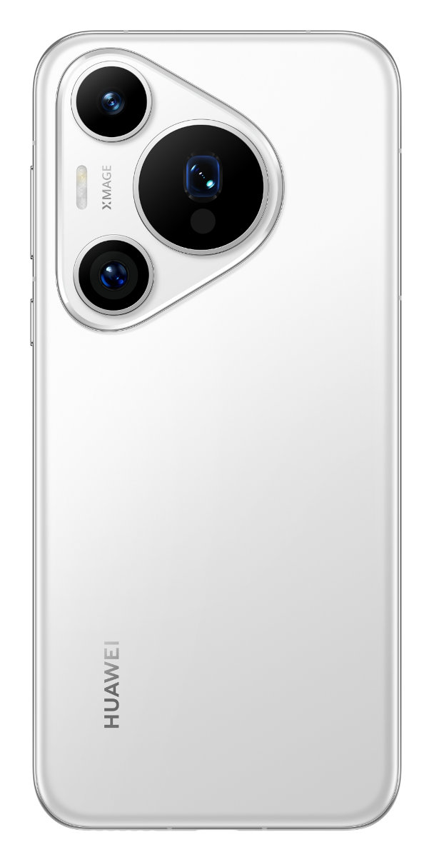 Tył białego smartfona z potrójnym aparatem i logo Huawei.