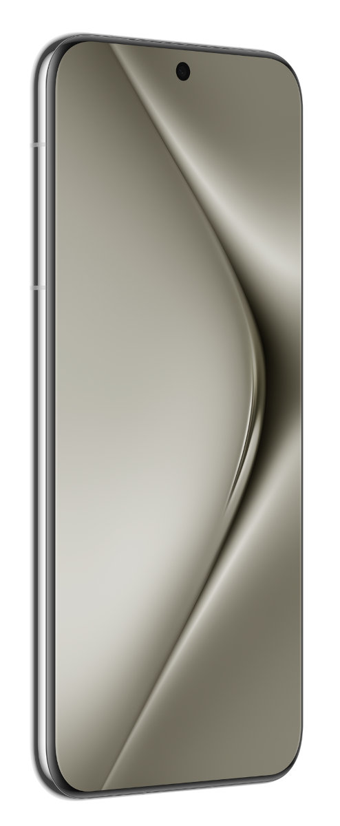 Srebrny smartfon z zakrzywionym ekranem. Tło jest białe.