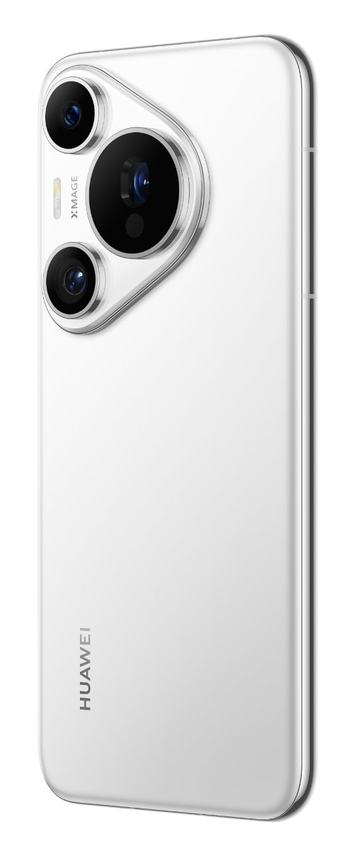 Biały telefon Huawei, z trzema aparatami i eleganckim designem.