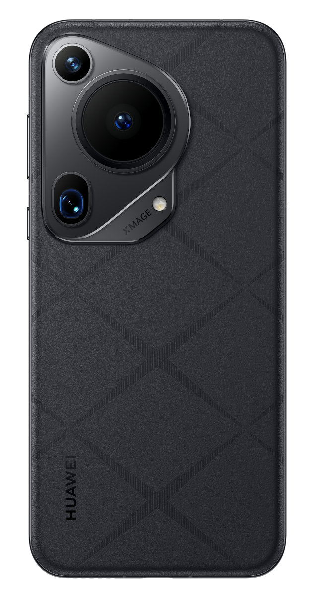 Tył czarnego telefonu. Ma trzy aparaty i teksturowany design. Nazwa marki jest widoczna na dole.