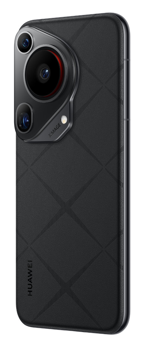 Czarny smartfon, widok z boku, z obiektywami aparatu i teksturowanym tyłem z logo Huawei.