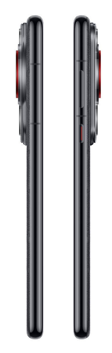Dwa widoki z boku czarnego smartfona z czerwonym aparatem. Telefon ma elegancki wygląd i boczny przycisk.