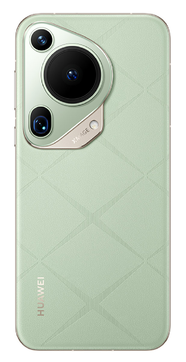 Zielony telefon z trzema aparatami i teksturowanym tyłem.