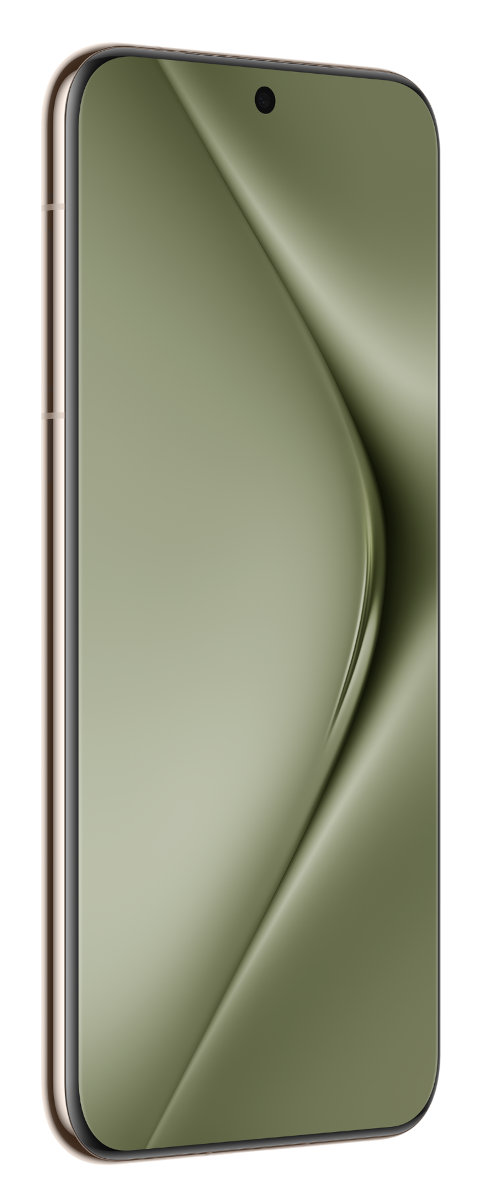 Smartfon z zakrzywionym ekranem, w złotej ramce, z czarną kropką aparatu na górze.