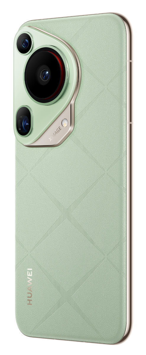 Miętowy smartfon z modułem kamery i złotymi akcentami, lekko pod kątem.