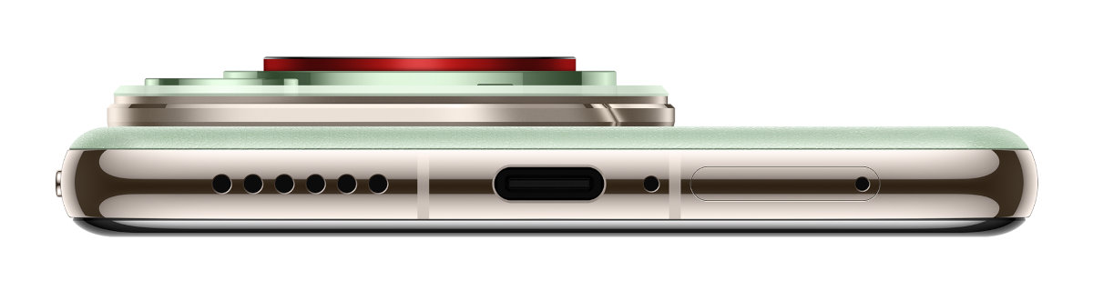 Widok z boku telefonu z wieloma obiektywami. Telefon jest jasnozielony i srebrny.