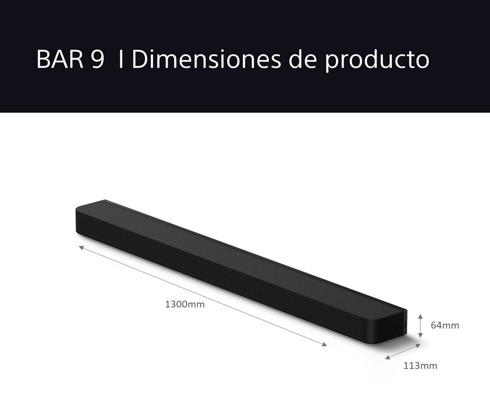 Barra de sonido negra con dimensiones etiquetadas. 1300 mm de largo, 113 mm de ancho y 64 mm de alto. Fondo negro.
