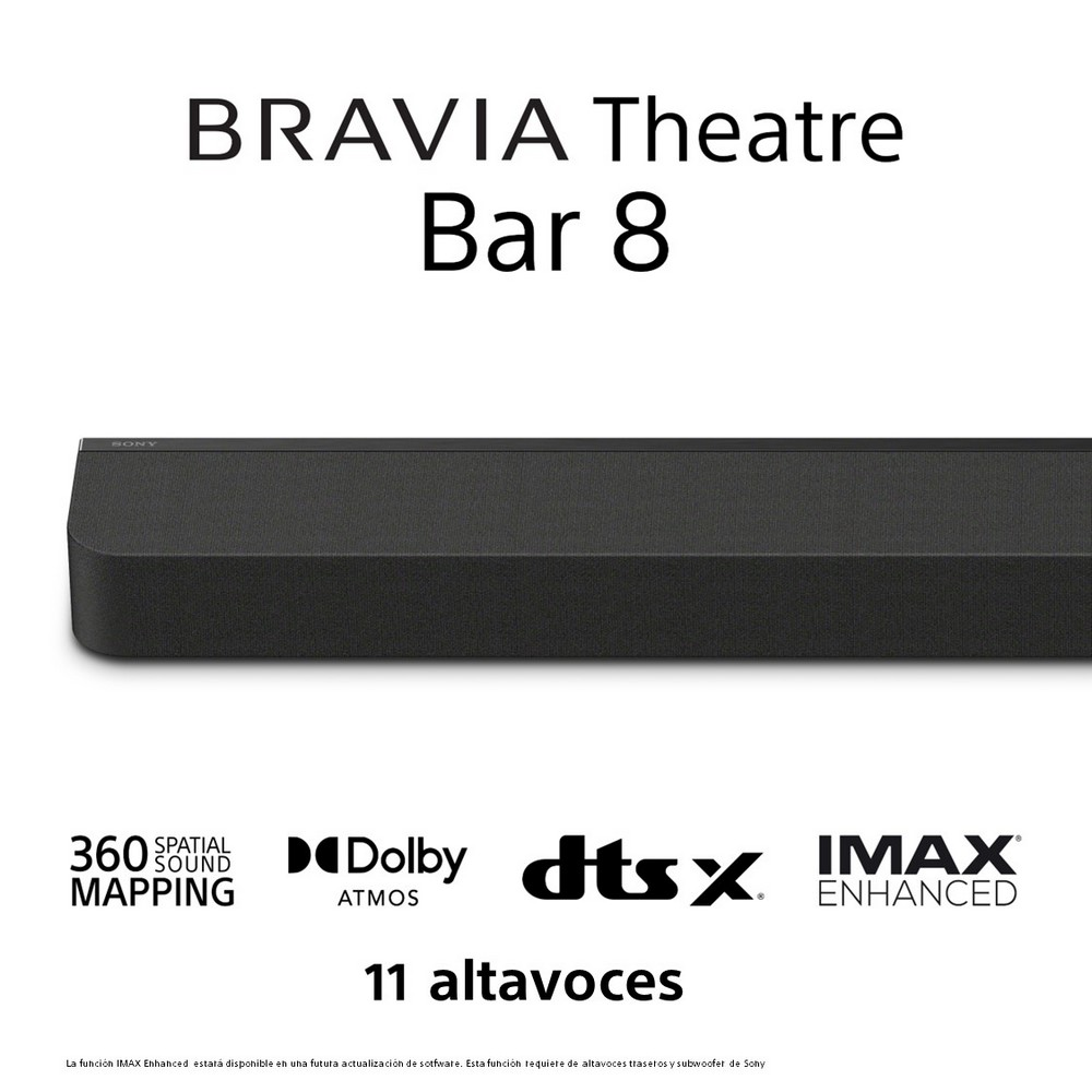 Barra de sonido negra con texto 'BRAVIA Theatre Bar 8', logos Dolby Atmos y DTS:X.