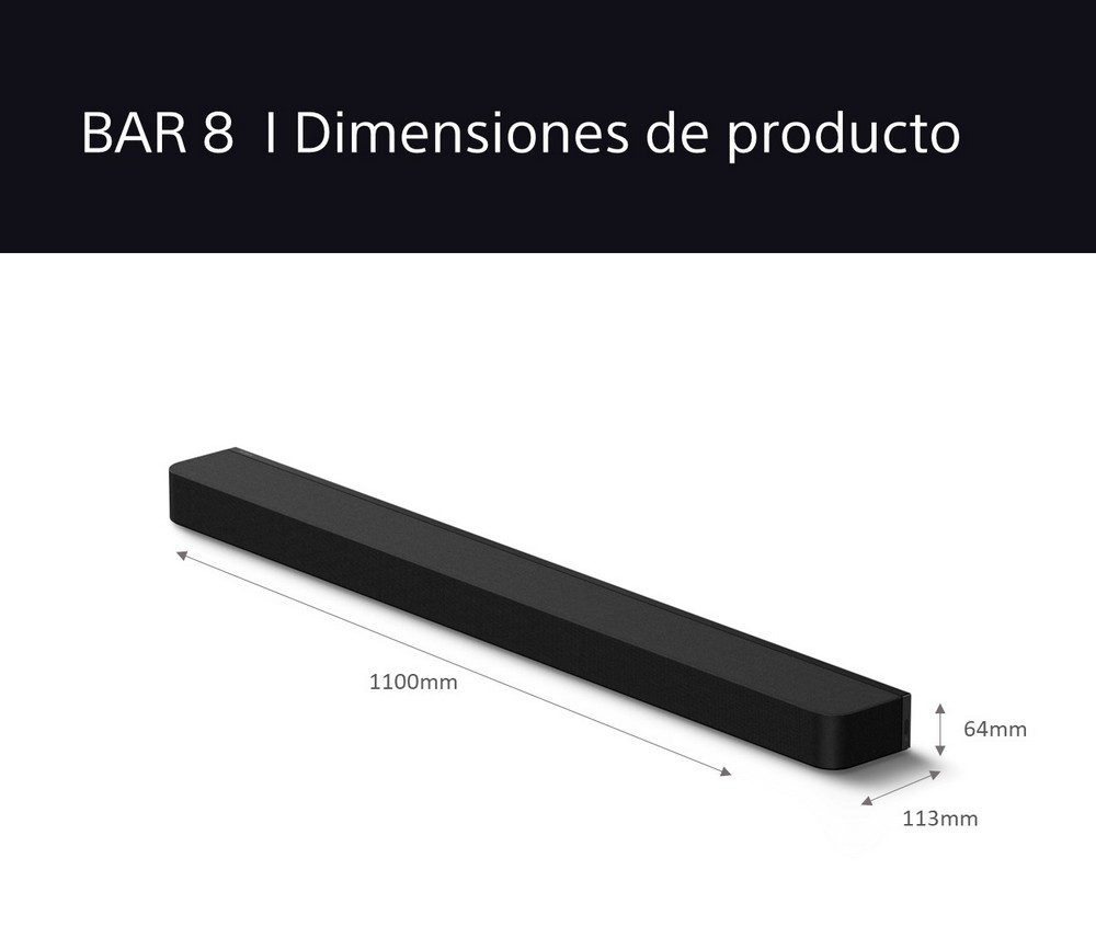Una barra de sonido negra con dimensiones etiquetadas. Está contra un fondo blanco.