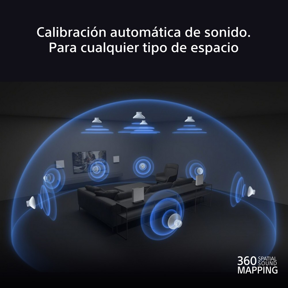 Diagrama que muestra el mapeo de sonido en una habitación con altavoces y un sofá.