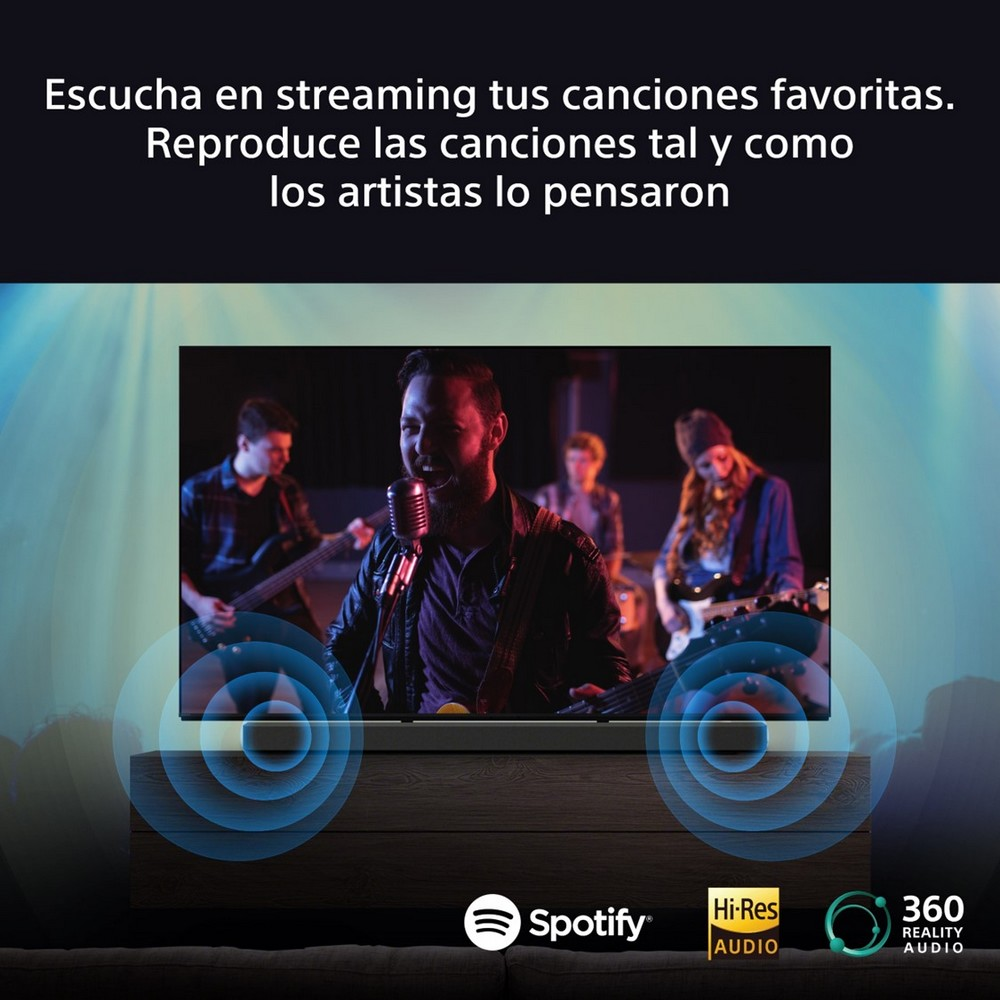 Una pantalla de TV con una banda actuando. Texto sobre transmisión y calidad de audio visible.