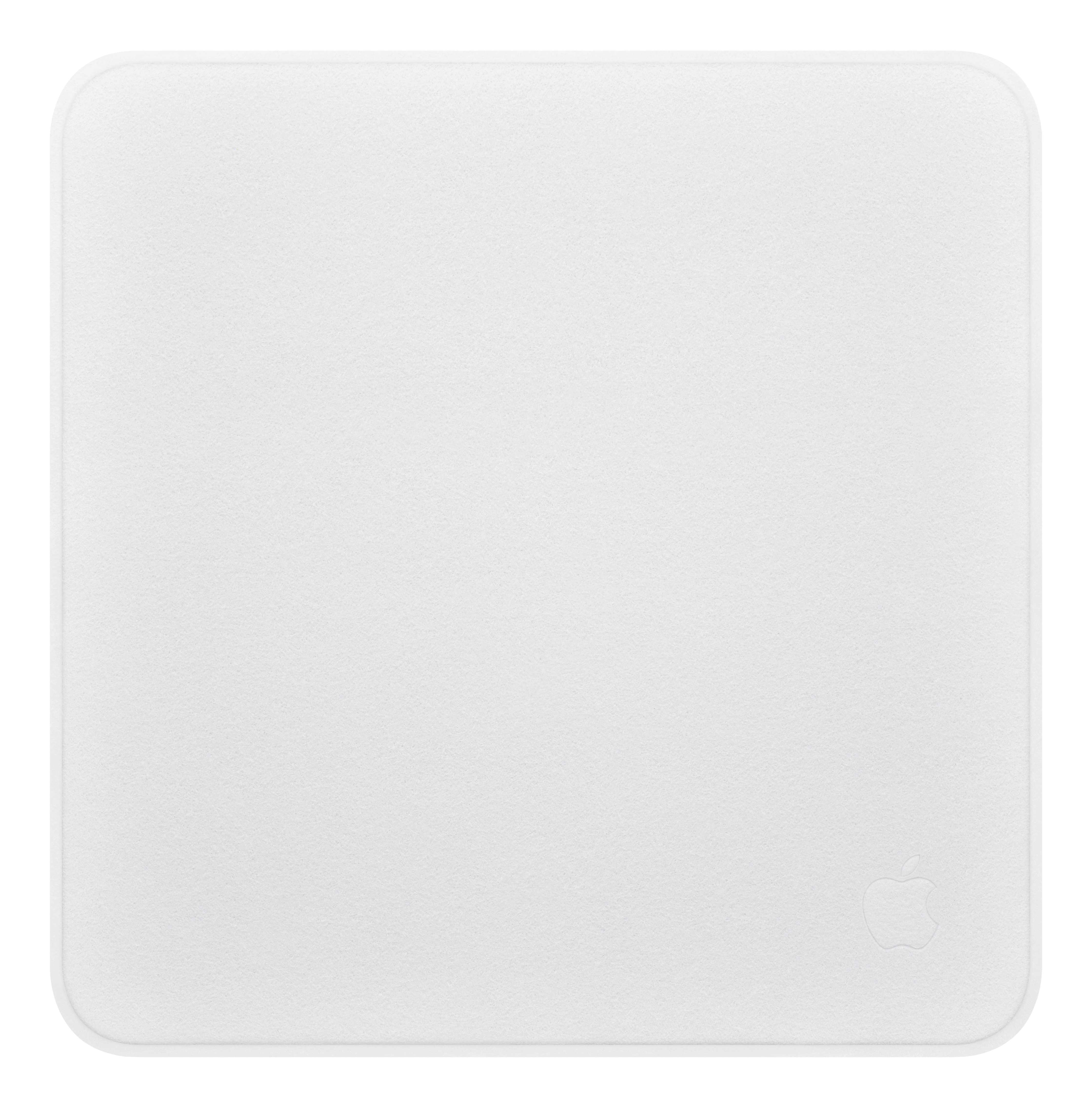 Weißes quadratisches Reinigungstuch mit abgerundeten Ecken. Apple-Logo in der unteren rechten Ecke.