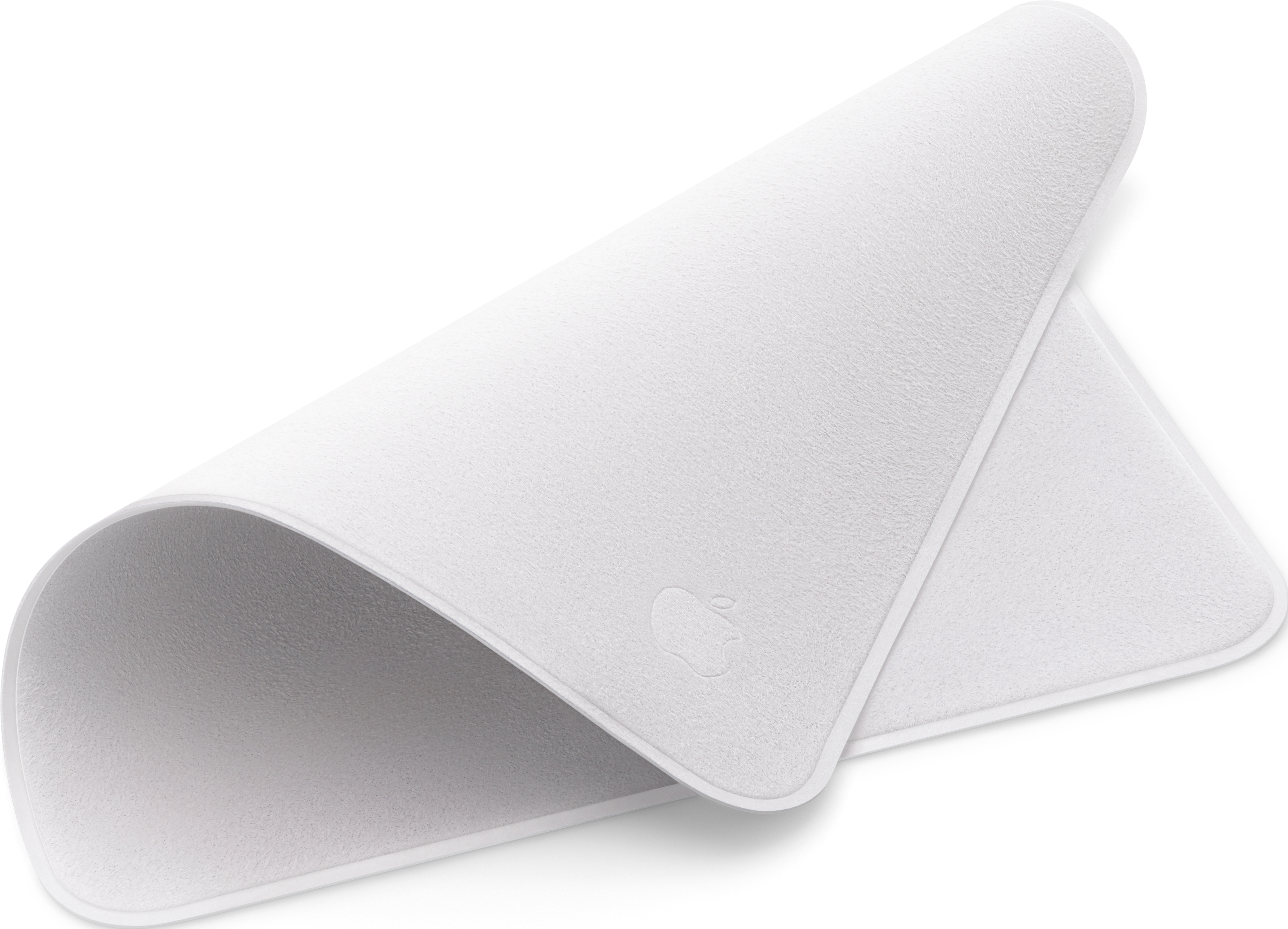 Ein weißes Apple-Reinigungstuch, gefaltet. Das Apple-Logo ist sichtbar.