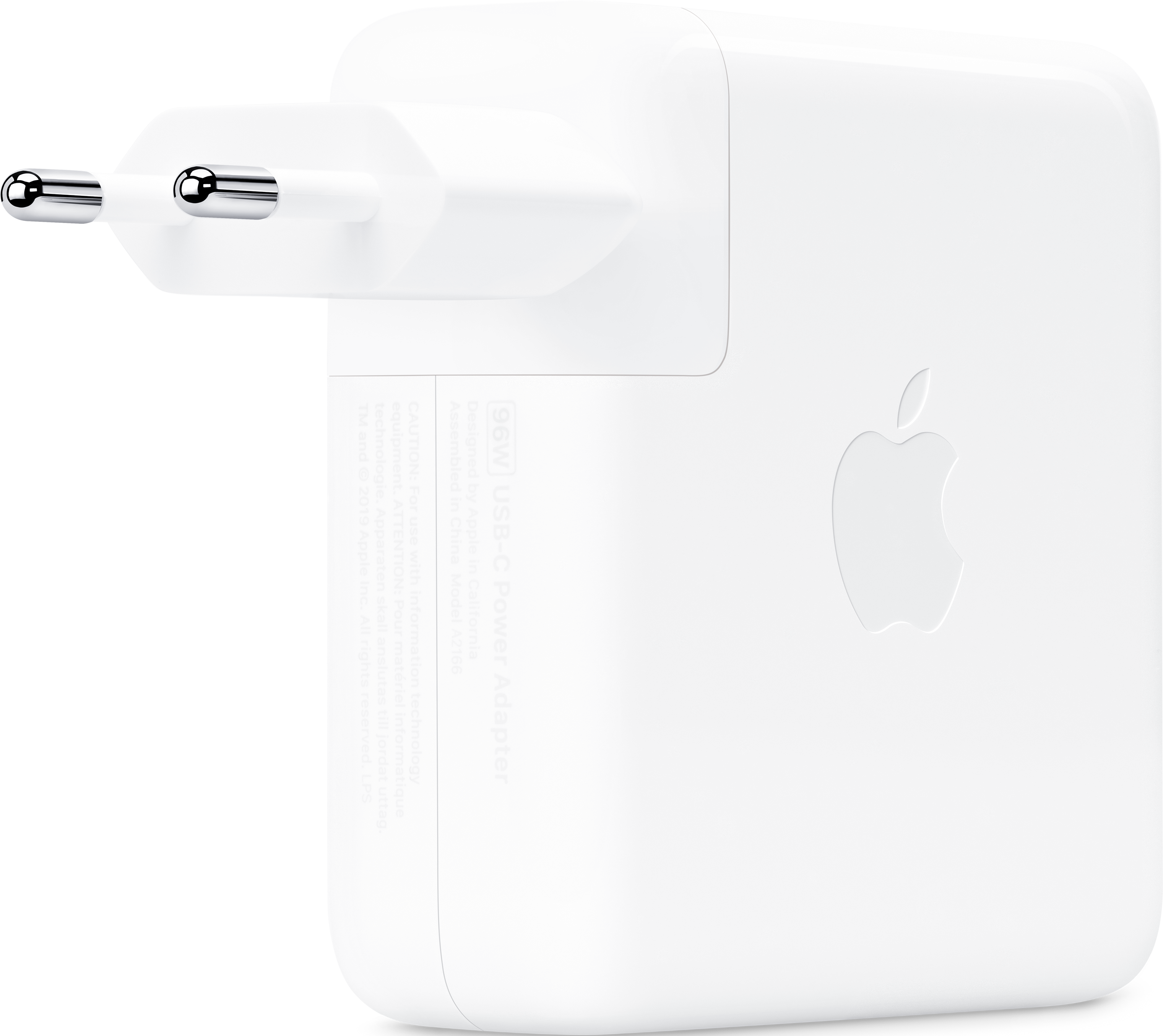 Adattatore di alimentazione USB-C 96W Apple bianco con spina e logo. Testo sull'adattatore.