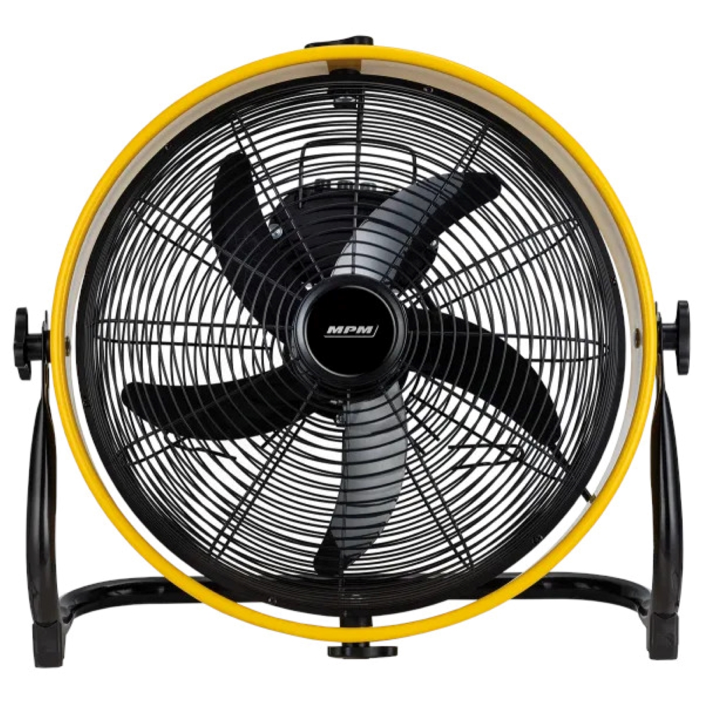 Czarno-żółty wentylator przemysłowy z zakrzywionymi łopatkami.