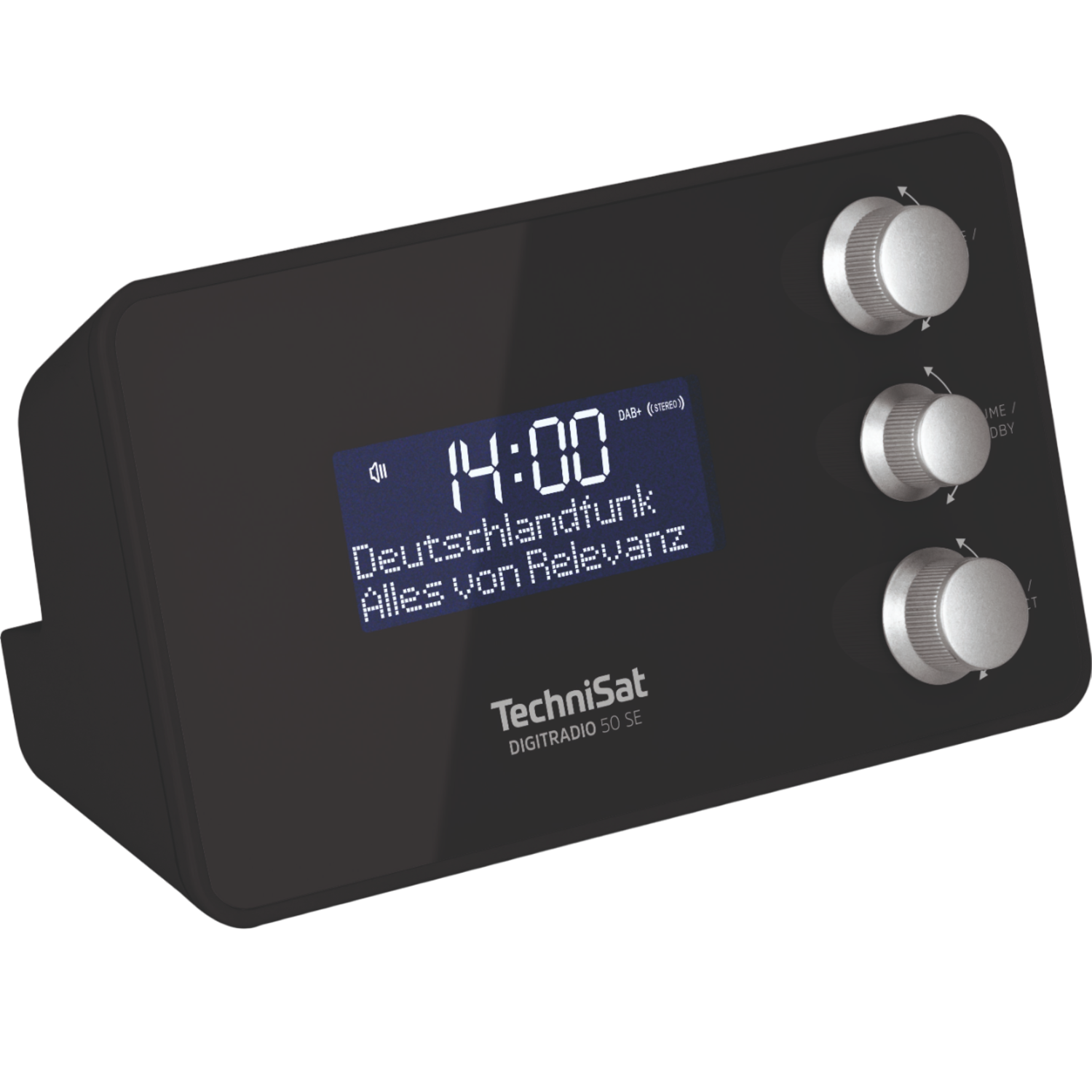 Schwarzes TechniSat-Radio mit Digitalanzeige, die Zeit und Sender zeigt. Mit drei Bedienknöpfen.