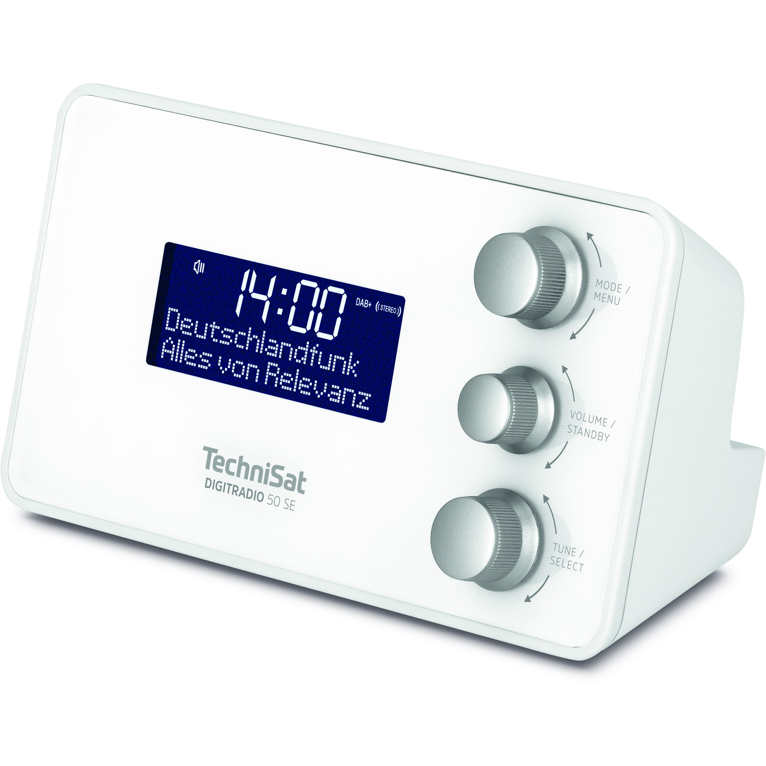 Weißes TechniSat-Radio mit blauem Display, das Zeit und Radiosender anzeigt.