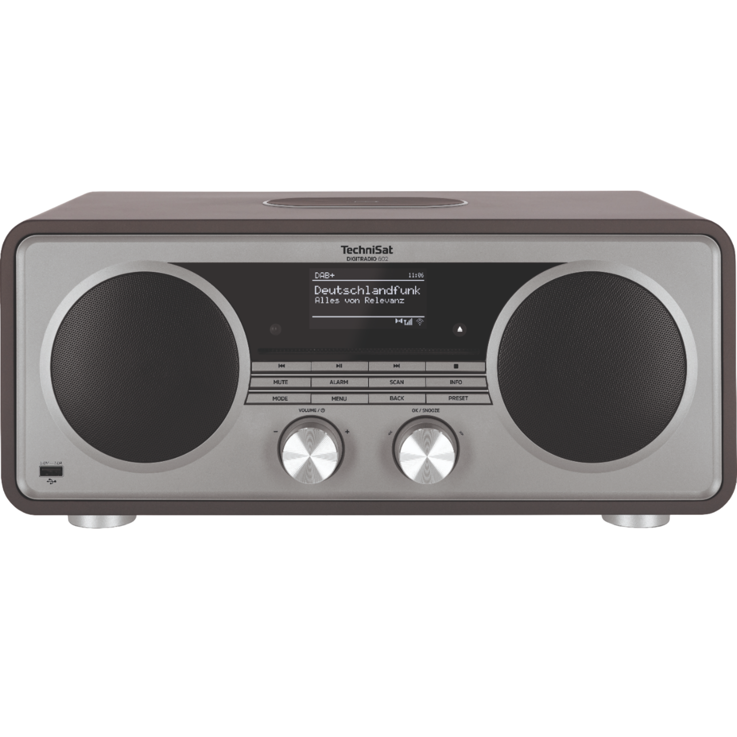 Stereoradio met twee speakers en display met 'Deutschlandfunk'. Houten afwerking.