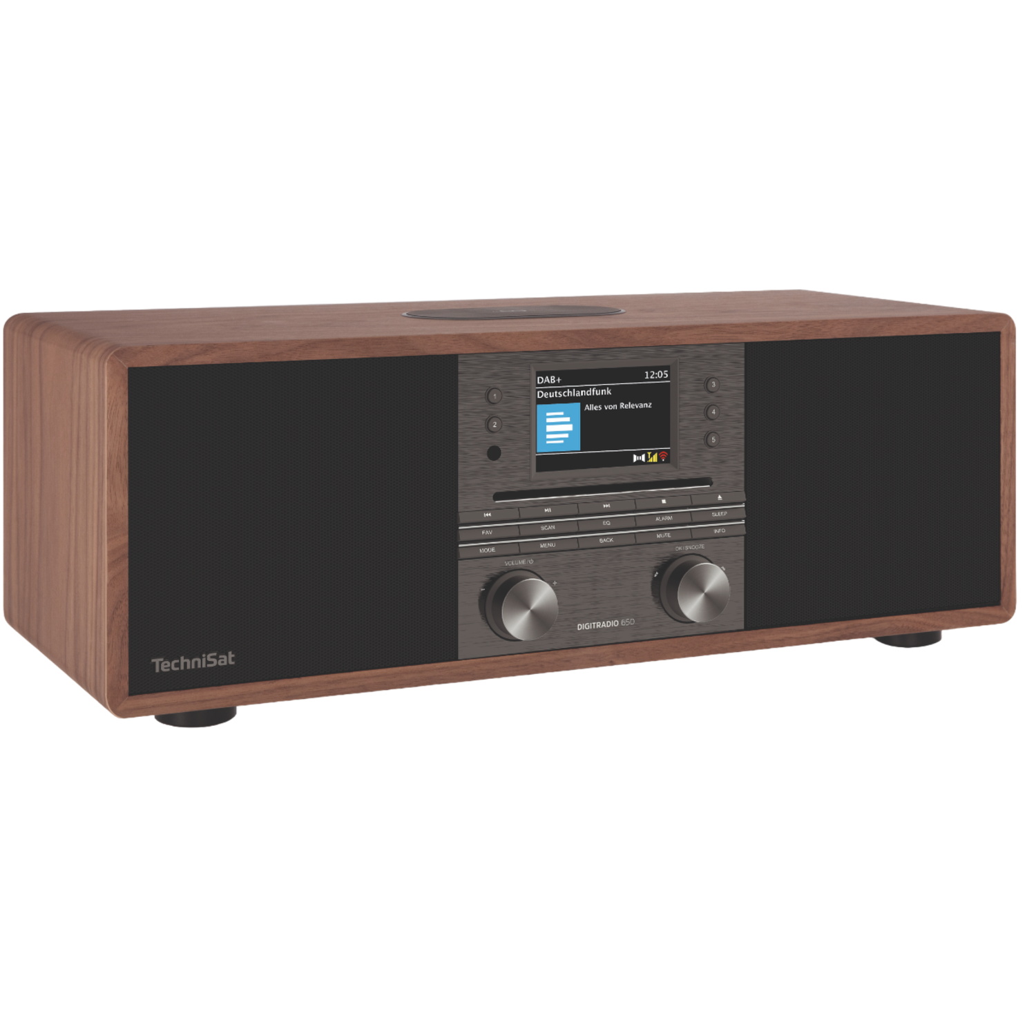 Een houten TechniSat Digiradio 50 radio. Het heeft een scherm, knoppen en knoppen.