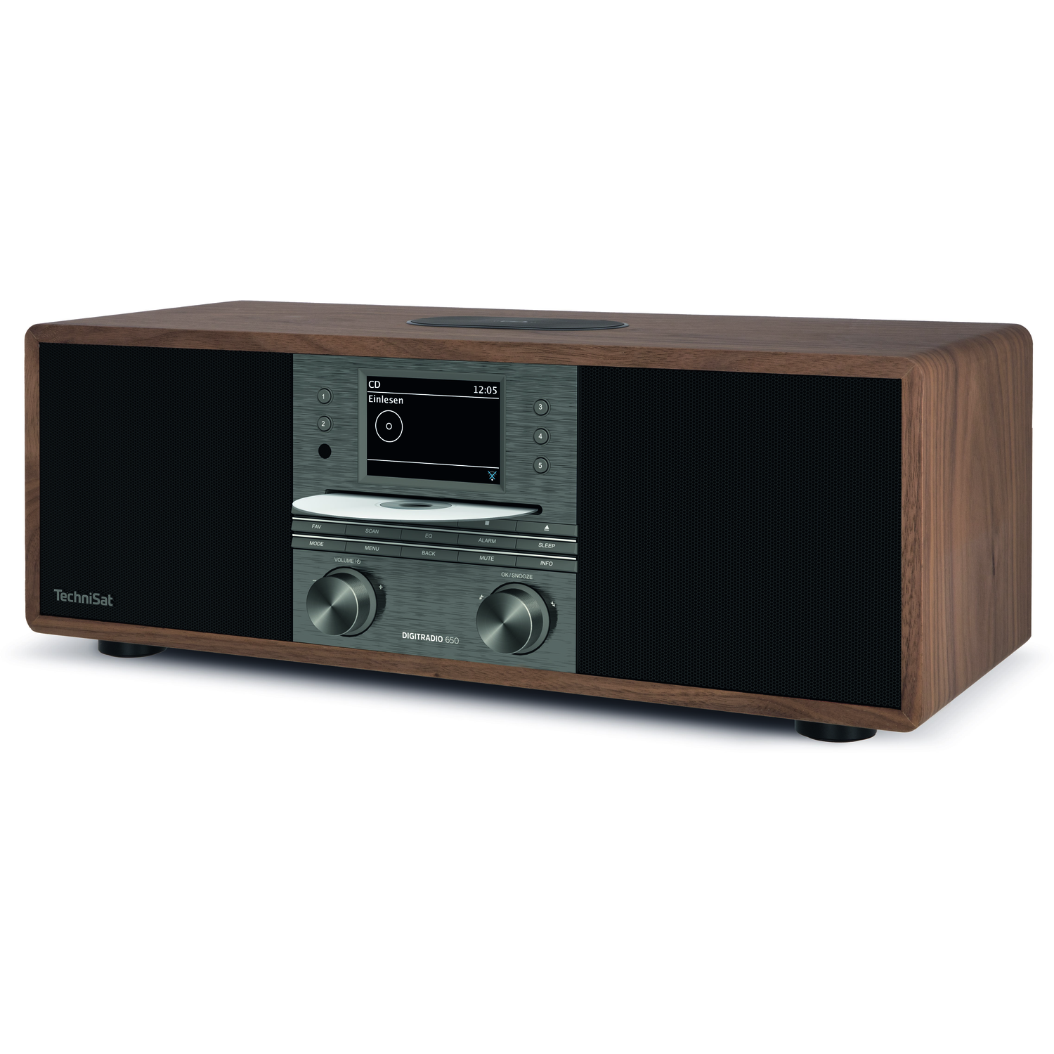 Een houten radio met een digitaal display, knoppen en twee luidsprekerhoezen.