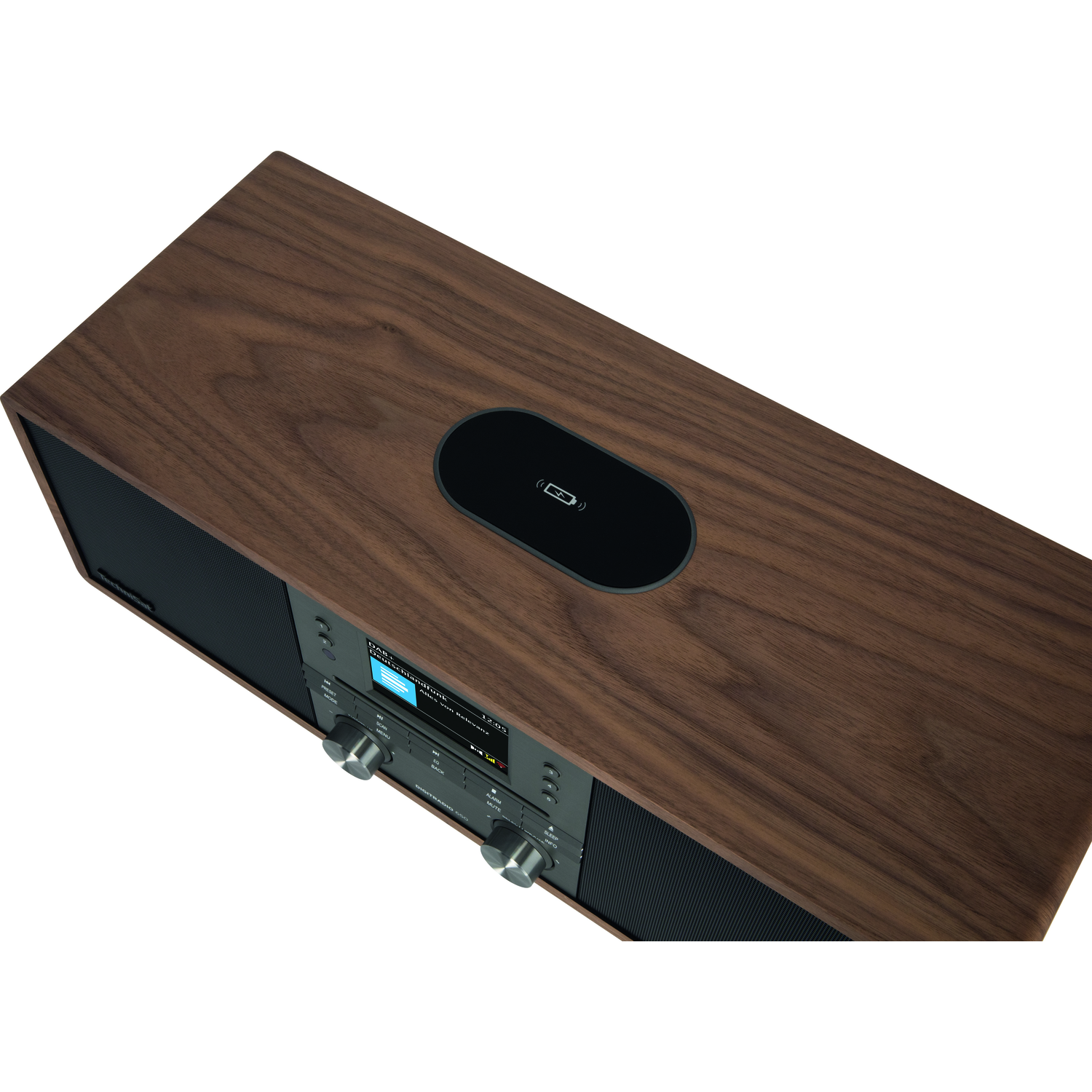 Een stereo-installatie met houtlook, draadloos opladen en een display.
