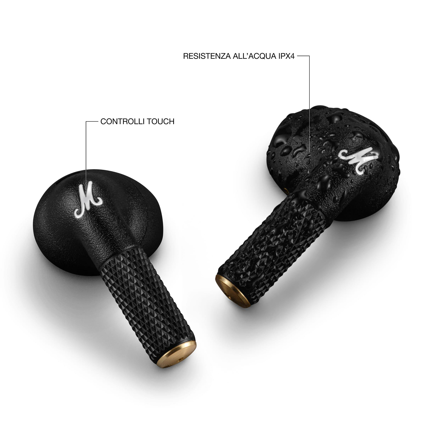 Due auricolari Marshall neri con goccioline d'acqua, con etichette per i controlli touch.