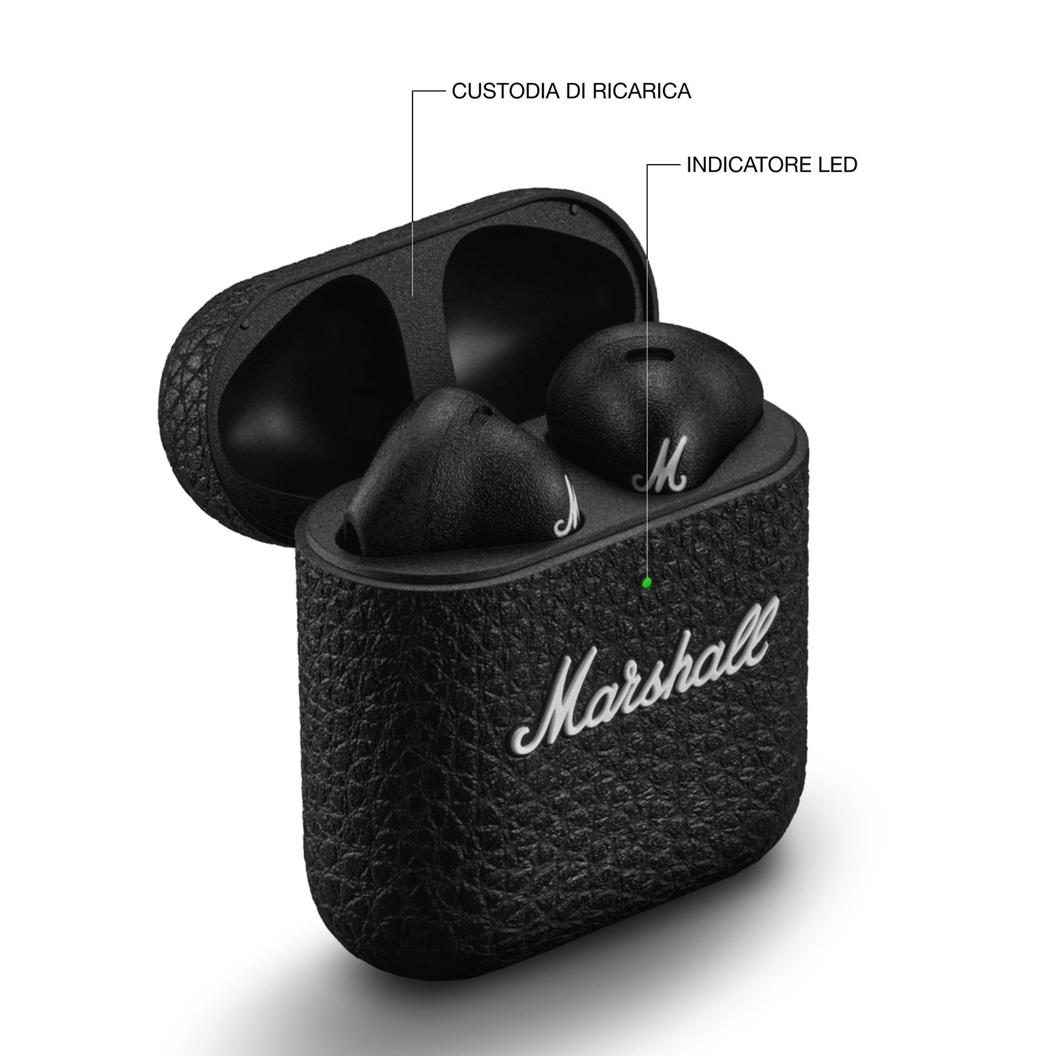 Auricolari Marshall neri in una custodia di ricarica, aperta, con indicatore LED verde.