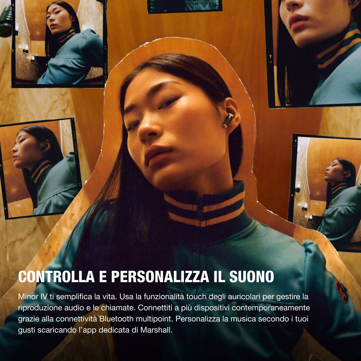 Una donna con le cuffie. Il testo 'CONTROLLA E PERSONALIZZA IL SUONO' è visibile.