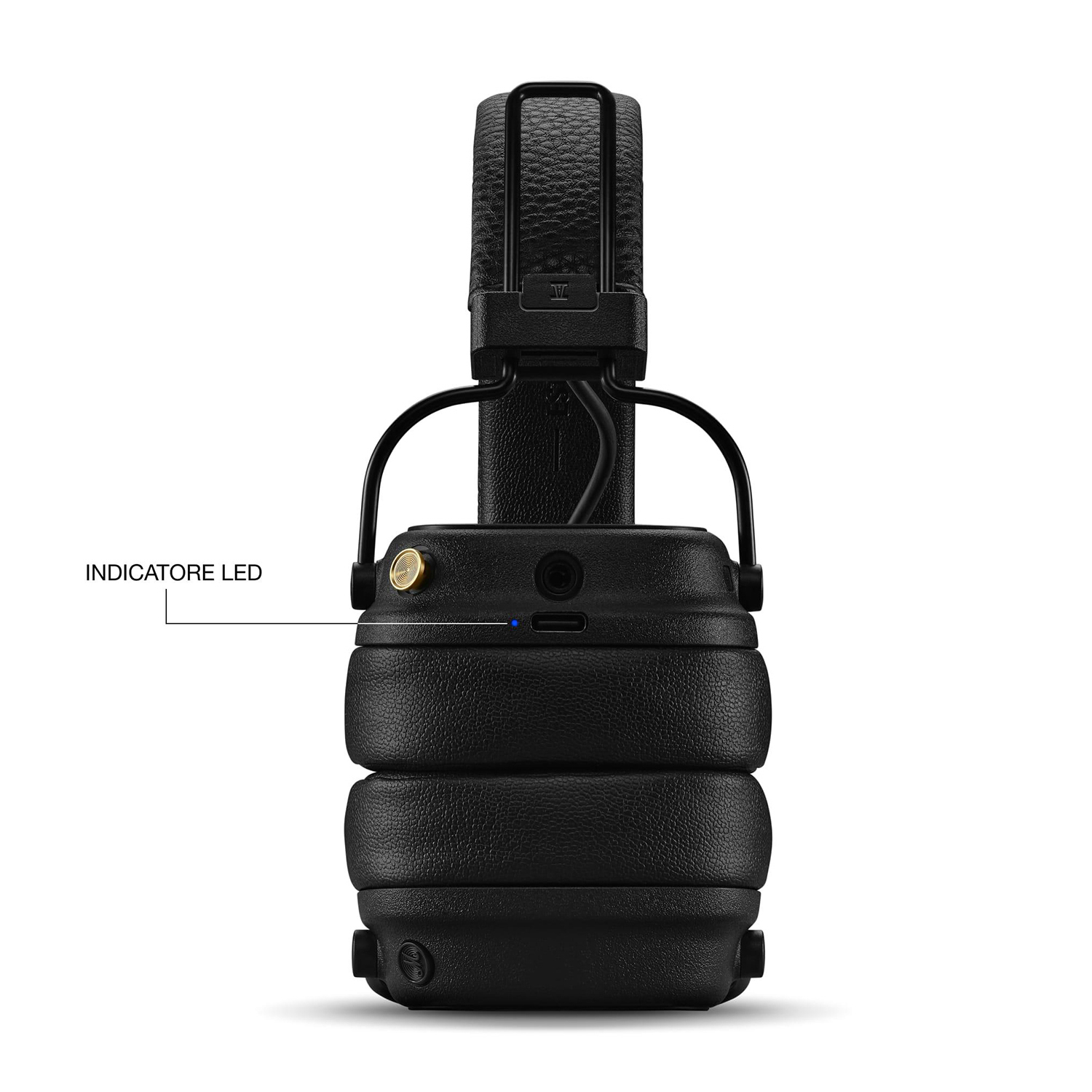 Cuffie nere con indicatore LED blu, etichettato 'INDICATORE LED'.