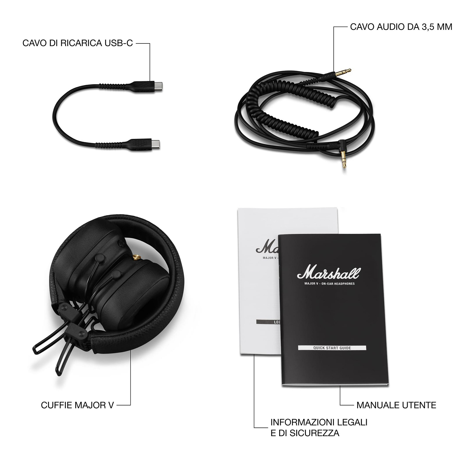 Accessori per cuffie, cavo e manuali.
